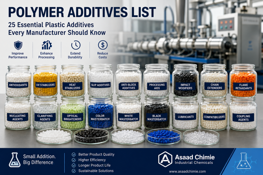 Polymer Additives: 25 Essential Types and Uses 5 Polymer additives and plastic masterbatch pellets used in industrial plastics manufacturing